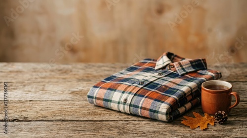 A folded flannel shirt rests on a rustic wooden table. A warm mug of coffee sits beside it, accompanied by a pinecone and a fallen maple leaf.