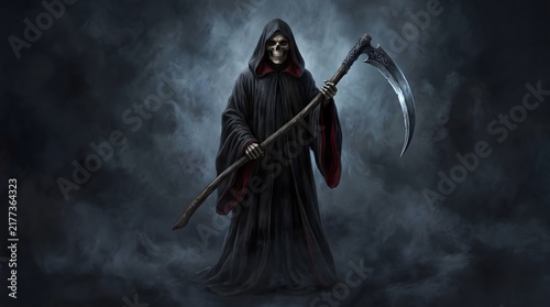 A menacing grim reaper figure in a dark hooded robe holding a sharp scythe against a misty background