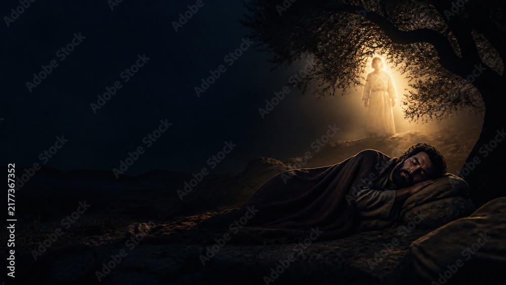 Fototapeta premium Man sleeping outdoors at night while glowing angel appears under a tree in divine light. Biblical scene of angelic visitation in a dream to Joseph. Faith, revelation and spiritual guidance concept.