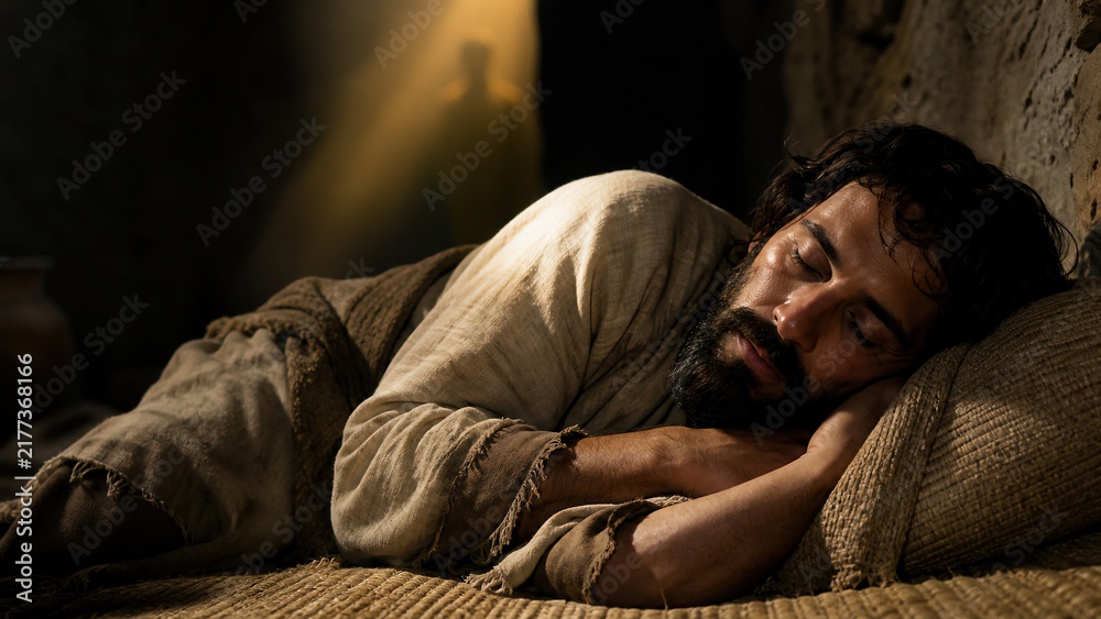 Fototapeta premium Man sleeping in ancient biblical interior with angel silhouette in golden light beam. Joseph dreaming divine message at night. Bible story of faith, revelation and trust in god guidance