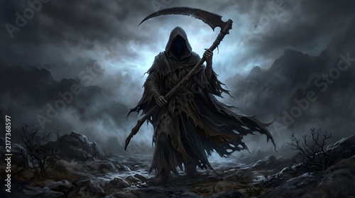 A dark and ominous grim reaper standing in a desolate wasteland under a stormy and moody sky