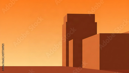 Geometric composition of brown rectangles stacked against an orange sky.