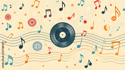 Vintage pattern of musical notes and bubbles with a circular record at center.