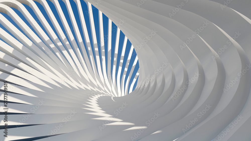 Fototapeta premium Futuristic 3D abstract white architectural spiral tunnel with sky view, ideal for modern tech backgrounds, futuristic presentation covers, and web banners