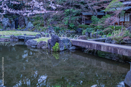 Cool blue-toned serene scene of the stone bridge over Shinchi pond March 2024