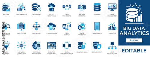 Big data analysis icon set. Features database management, statistic dashboard, info report, secure monitoring, datum processing, mining algorithm, and cloud storage system.
