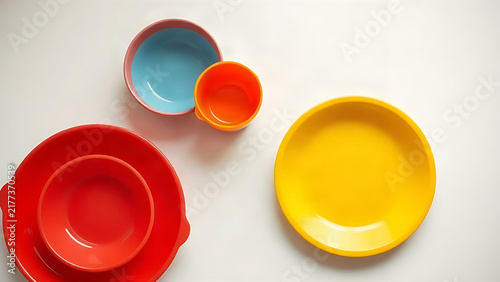 Set of bright red, yellow, and blue children's bowls and plates on a white table.