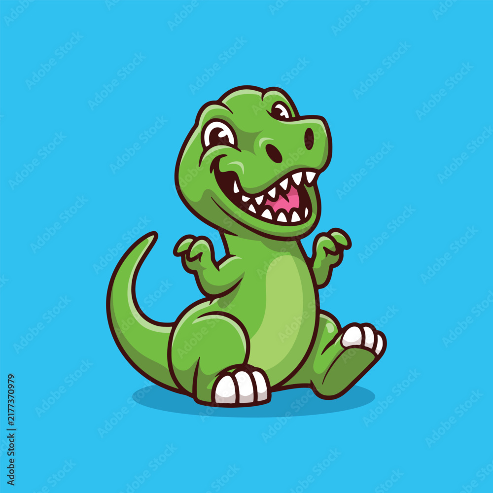 Obraz premium Happy cartoon dinosaur in playful pose dinosaur,cartoon,cute,green,t-rex,trex,mascot,kids,children,child,playful,smile,smiling,happy,dino,friendly,baby,cute mascot,