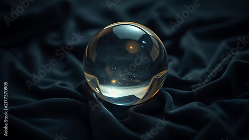 A glowing crystal sphere resting on dark velvet fabric, reflective surface with soft internal light.