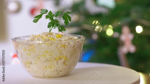 Festive Creamy Salad with Corn and Parsley Garnish Rotating