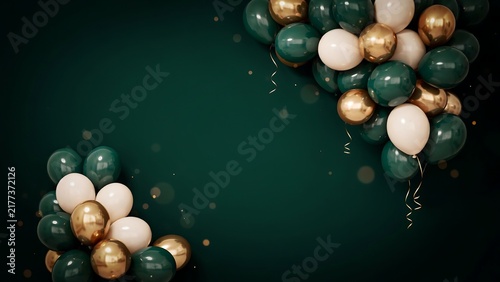 Dark green and gold balloons frame elegant party background for holidays.