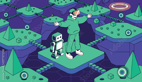 Man wearing vr goggles standing with robot on floating platforms vector scene