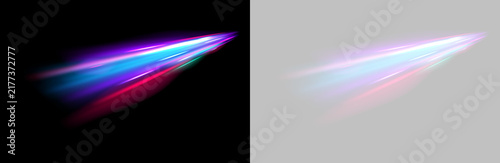 Neon light streaks extend diagonally glowing in a dark background. Intense blue, purple, and pink hues blend with soft gradient edges. This effect conveys speed and futuristic digital.
