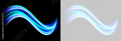Curved neon light streaks glow vividly in shades of blue and cyan. The smooth flowing lines display a gradient blend with hints of purple and green. These luminous waves create a dynamic.