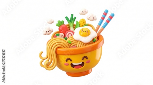 Cute 3D Cartoon Noodle Bowl with Smiling Face and Chopsticks