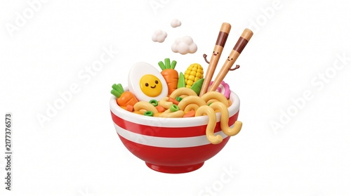 Cute 3D Bowl of Noodles with Smiling Egg and Vegetables