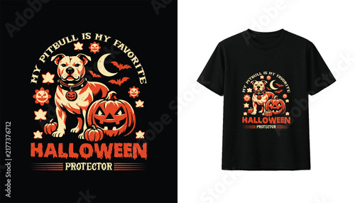 Pitbull Halloween Protector T-Shirt Design With Pumpkin, Jack O Lantern, Bat And Spooky Dog Lover Graphic