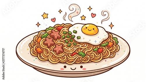 Cute cartoon plate of noodles with egg and vegetables