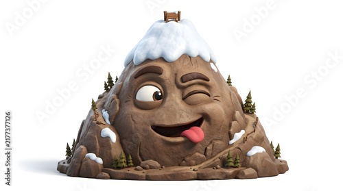 Friendly Cartoon Mountain Character with Snow-Capped Peak and Playful Expression