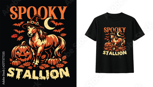 Spooky Stallion Halloween T-Shirt Design With Witch Hat, Jack O Lantern Pumpkins, Bats, Crescent Moon And Autumn Leaves, Vintage Retro Equestrian Graphic