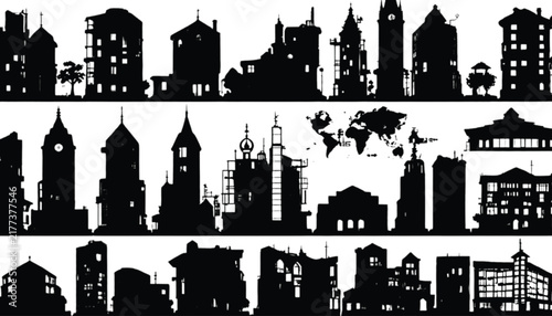 A comprehensive collection of diverse black building silhouettes, including residential homes, commercial skyscrapers, and abstract architectural forms, is presented on a clean white background for.