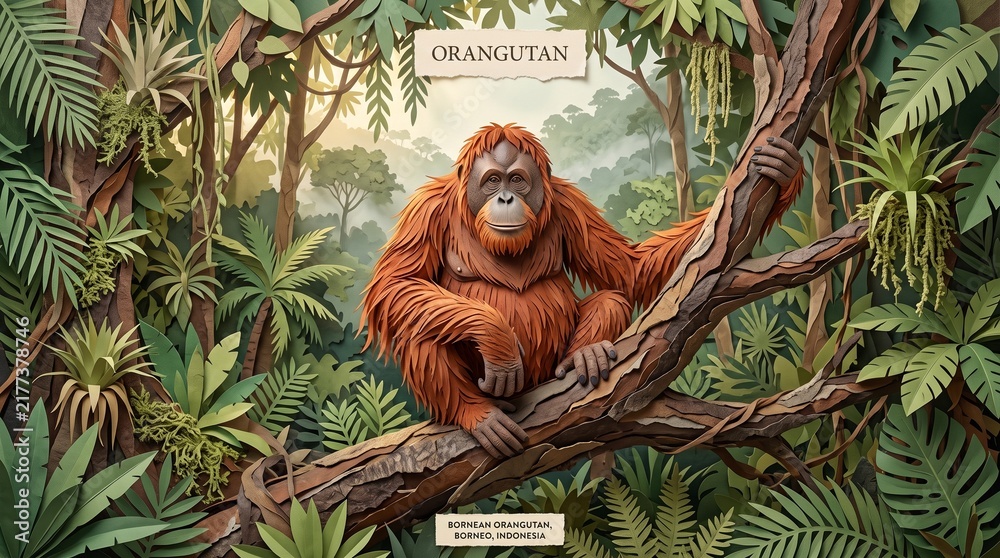 Obraz premium Orangutan – Handmade 3D Paper Collage Wildlife Artwork