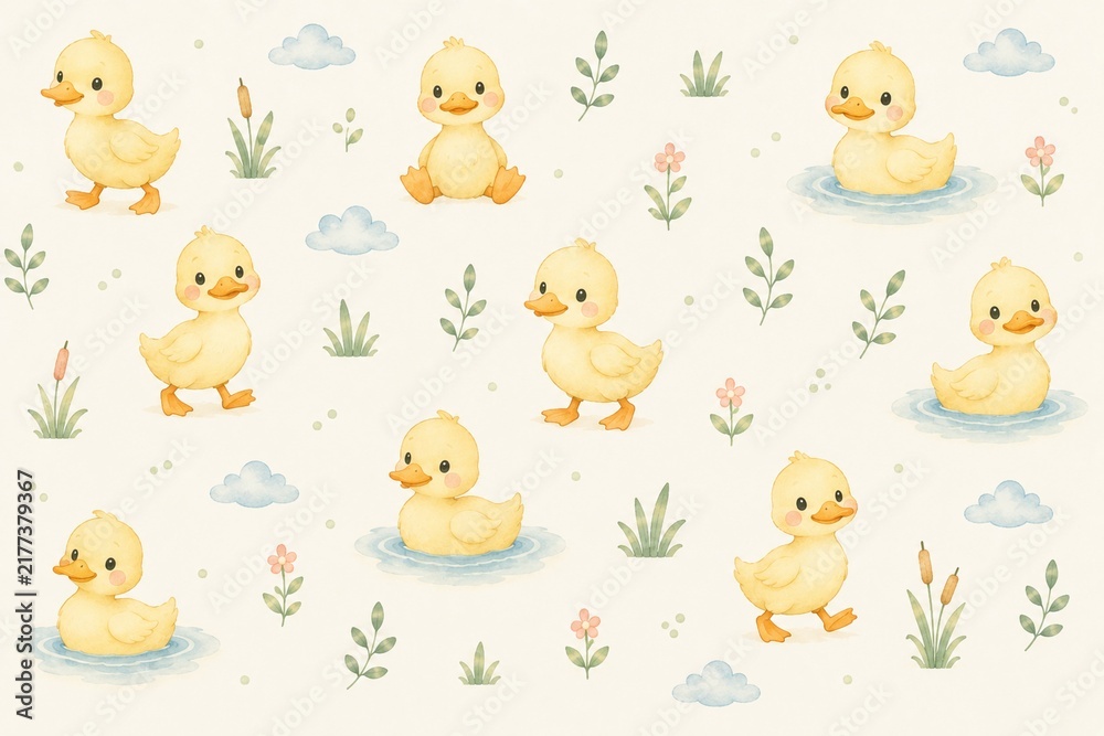 Fototapeta premium Cute Duckling Seamless Watercolor Pattern with Pastel Pond Elements