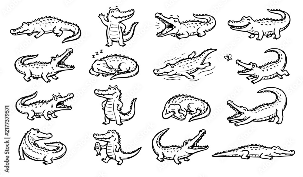 Obraz premium SEO Title: Funny Hand Drawn Crocodile Character Vector Set Black Line Reptile Animals in Playful Poses on White Background