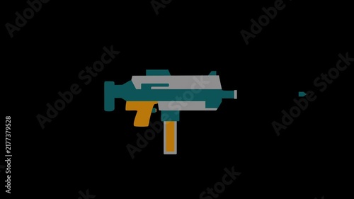 Colorful flat machine pistol icon firing animation, automatic sub machine gun military weapon shooting animation.