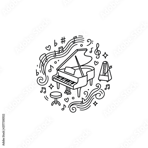Grand piano with musical notes circular line art.