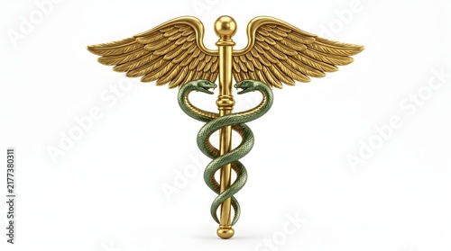 Golden Caduceus Medical Symbol with Wings and Intertwined Serpents Isolated on White
