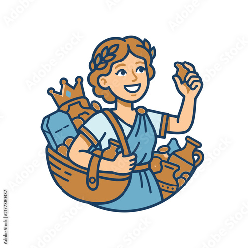 Greek woman carrying basket of ancient pottery artifacts.