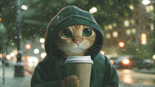 Cute ginger cat in a hoodie holding a coffee cup on a rainy city street at night.