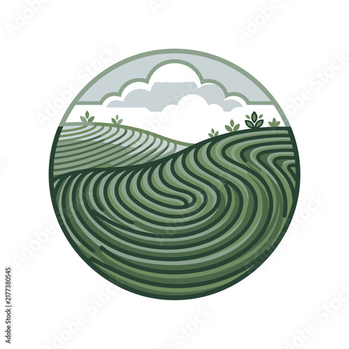 Green terraced fields landscape in circular frame.
