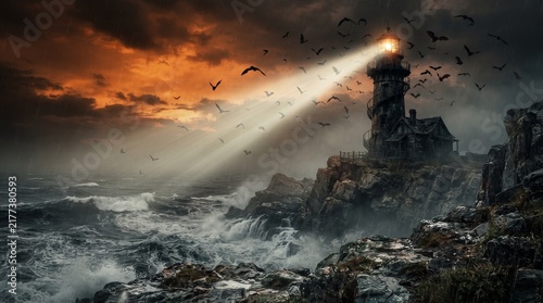 A haunted lighthouse background with beam of light cutting through fog, rocky cliffs, flying seagulls transformed into bats, and stormy orange sky, coastal horror vibe, 8k.