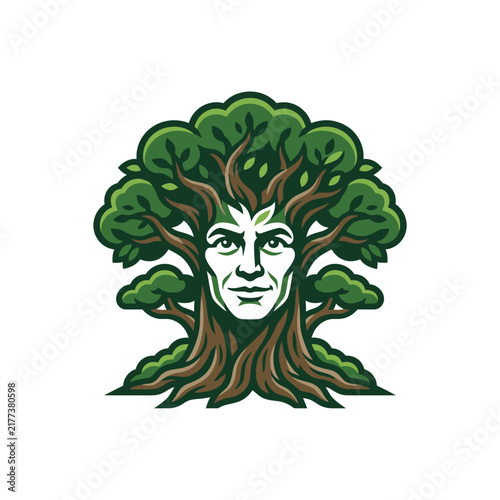 Green man mascot logo formed from vibrant tree leaves.