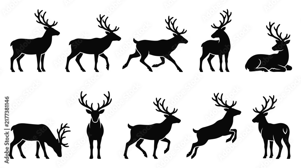 Obraz premium Black Reindeer and Stag Silhouettes Set in Various Poses