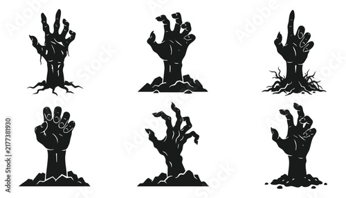 Zombies hands rising from the ground silhouettes vector illustration, spooky graveyard halloween concept
