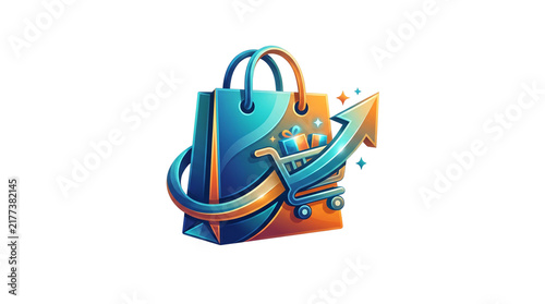 E-commerce Growth: A vibrant illustration depicting a shopping bag with a shopping cart and an upward arrow, symbolizing the growth and success of online retail and business.