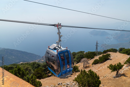 Obraz na płótnie View of blue funicular or ropeway and public transport to top of mountain, Babad