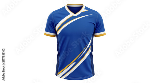 Modern Sports Jersey: A striking blue sports jersey with gold and white accents, showcasing a dynamic design perfect for athletic teams and active lifestyles.