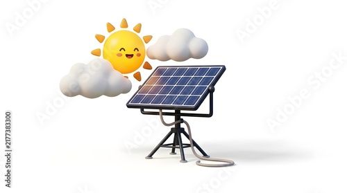  Solar Energy Concept with Photovoltaic Panel, Smiling Sun and Clean Renewable Power Illustration