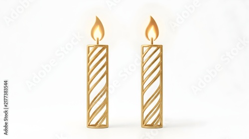 Pair of Elegant Gold Decorative Taper Candles with Lattice Holders Isolated on White