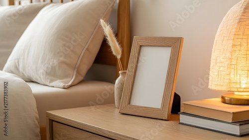 Stylish wooden photo frame mockup on a nightstand with warm lighting and soft bedroom linen