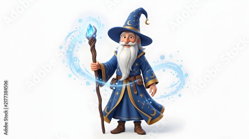 Fantasy Wizard Character in Blue Robes Holding Magical Staff Isolated on White