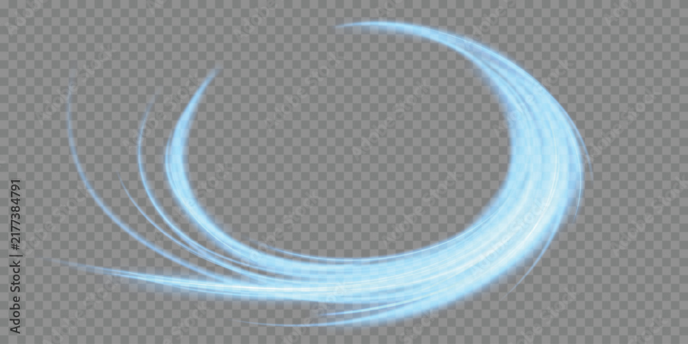 Obraz premium Blue luminous curved wave with sparkling particles, glowing energy trails and magical light motion effect isolated on transparent background.