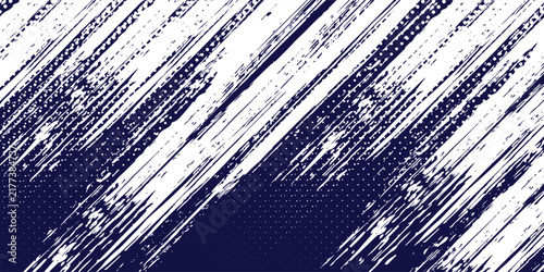 High-contrast navy blue white halftone diagonal speed lines texture background. Edgy streetwear pop art distressed brush stroke pattern vector for esports poster, NFT.