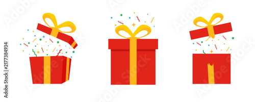 Set of festive gift box, red box wrap and yellow ribbon, closed and open with bright confetti