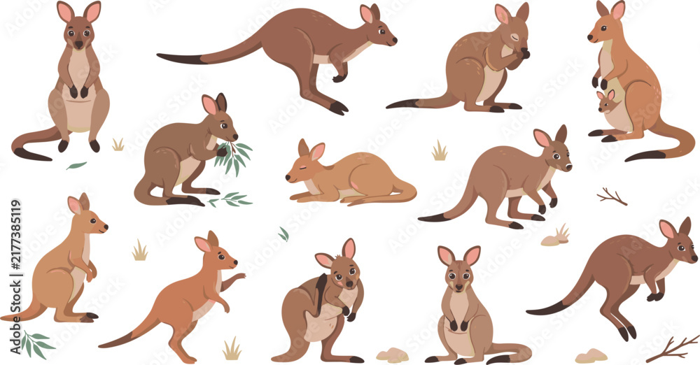 Obraz premium Cute Cartoon Kangaroo Family Collection with Mother Joey Jumping Running Poses for Australian Wildlife Animal Design Illustration Projects Icons Set