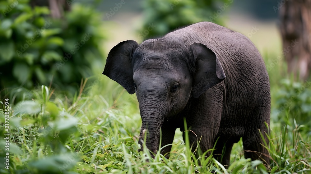 Obraz premium A young elephant stands in tall green grass its large ears and wrinkled skin visible as it looks forward with calm curiosity